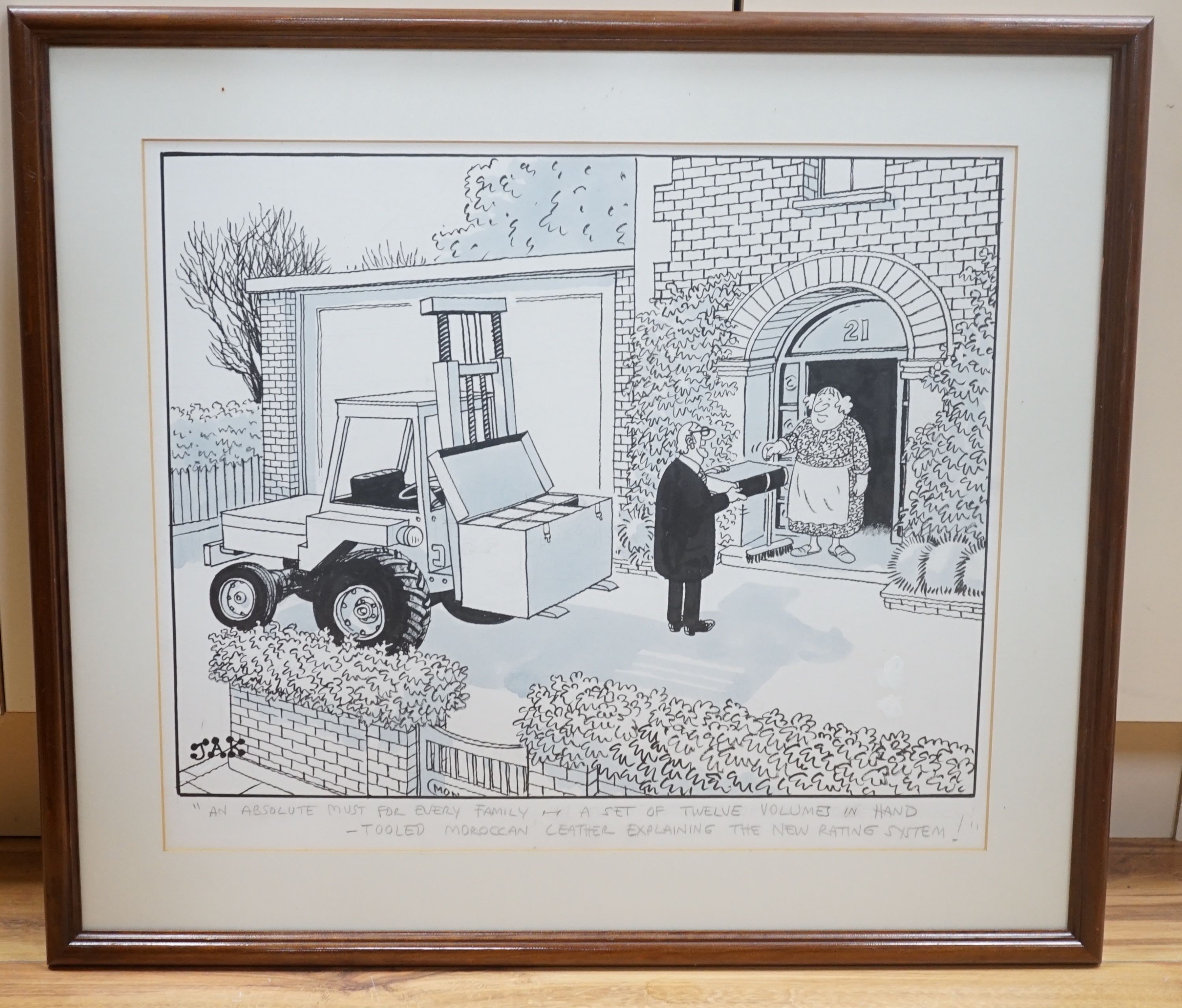 JAC (Raymond Jackson 1927-1997) - pen and ink cartoon - ‘’An absolute must for every family-a set of twelve volumes in hand-tooled Moroccan leather explaining the new rating system’’, signed, 48 cm x 56 cm including marg